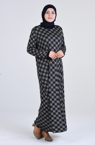 Büyük Beden Desenli Kuşaklı Elbise 4550F-01 Lacivert