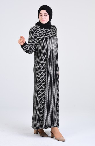 Büyük Beden Desenli Kuşaklı Elbise 4550G-02 Siyah