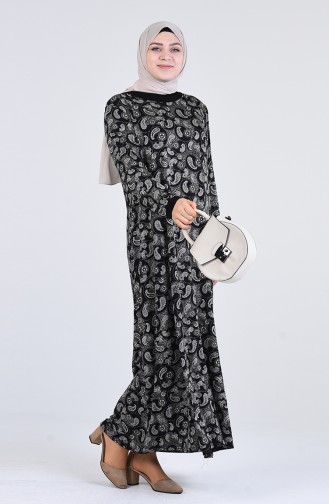 Büyük Beden Desenli Kuşaklı Elbise 4550K-01 Siyah