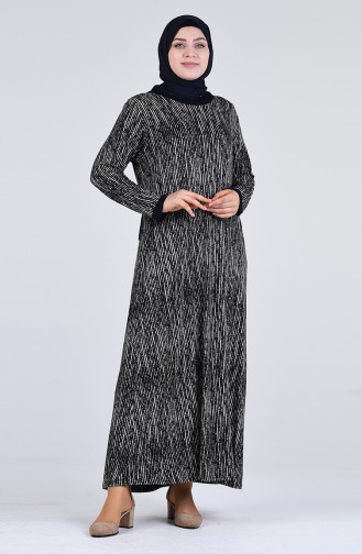 Büyük Beden Desenli Kuşaklı Elbise 4550L-01 Lacivert