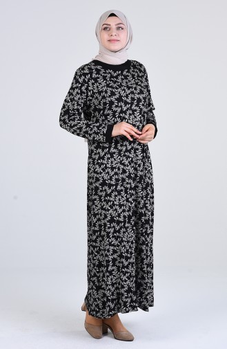 Büyük Beden Desenli Kuşaklı Elbise 4550M-01 Siyah