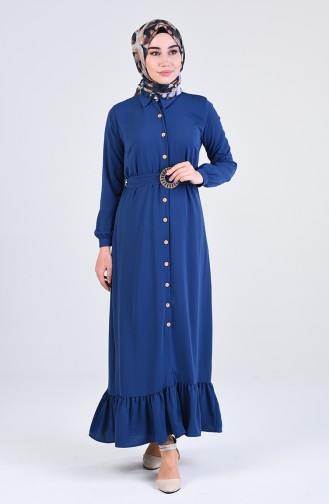 Buttoned Belted Dress 9057-01 Indigo 9057-01