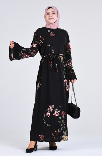 Büyük Beden Desenli Kuşaklı Elbise 1800-01 Siyah