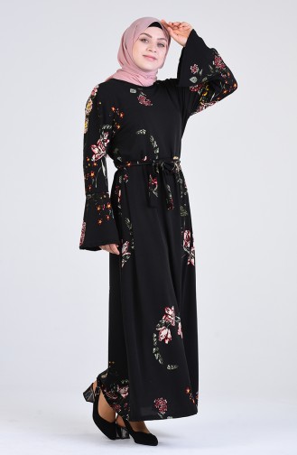 Büyük Beden Desenli Kuşaklı Elbise 1800-01 Siyah