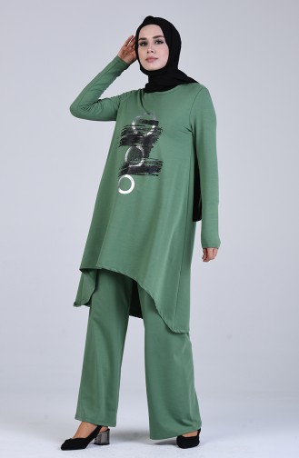 Baskılı Tunik Pantolon İkili Takım 51021-02 Yeşil