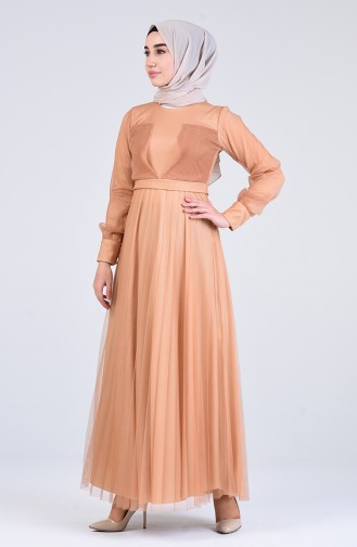 Gathered Tulle Evening Dress 7676-02 Beige 7676-02