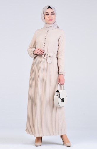 Buttoned Gathered Dress 7624-04 Beige 7624-04