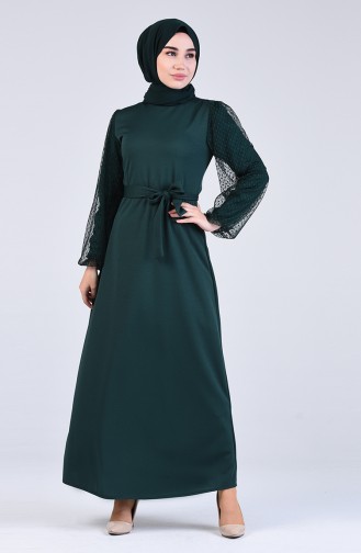 Sleeve Tulle Detailed Dress 2058-01 Emerald Green 2058-01