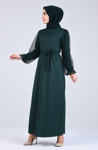 Kolu Tül Detaylı Elbise 2058-01 Zümrüt Yeşili