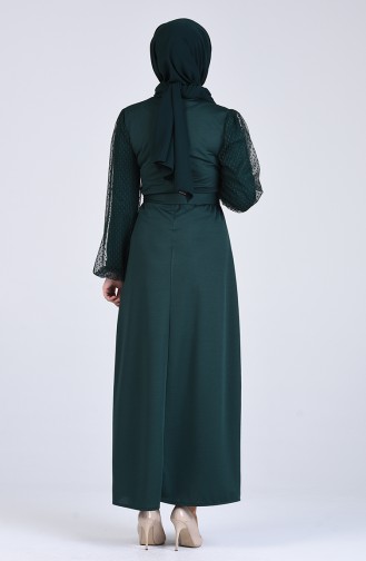 Kolu Tül Detaylı Elbise 2058-01 Zümrüt Yeşili