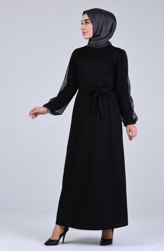 Kolu Tül Detaylı Elbise 2058-03 Siyah