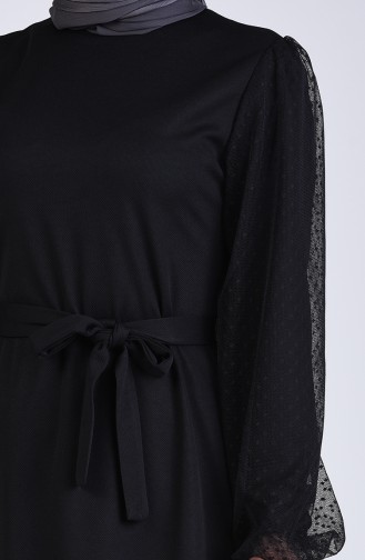 Kolu Tül Detaylı Elbise 2058-03 Siyah