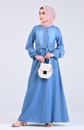Düğme Detaylı Kot Elbise 8002-01 Kot Mavi