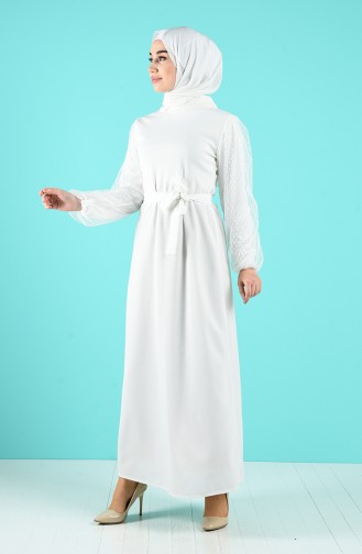 Sleeve Tulle Detailed Dress 2058-04 White 2058-04