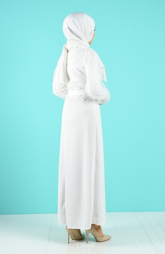 Kolu Tül Detaylı Elbise 2058-04 Beyaz