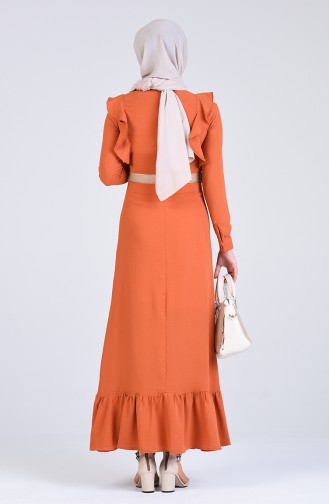 Boydan Düğmeli Kemerli Elbise 5017-01 Kiremit