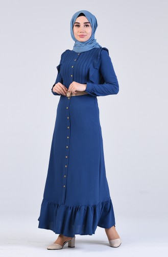 Boydan Düğmeli Kemerli Elbise 5017-03 İndigo