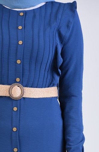 Boydan Düğmeli Kemerli Elbise 5017-03 İndigo