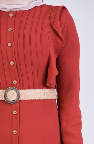 Boydan Düğmeli Kemerli Elbise 5017-05 Bordo
