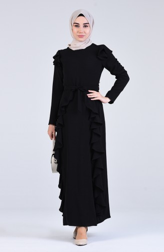 Fırfırlı Kuşaklı Elbise 5018-01 Siyah