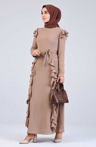 Fırfırlı Kuşaklı Elbise 5018-04 Vizon