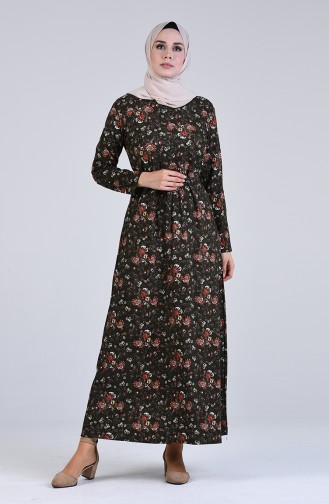 Patterned Belted Dress 5708O-01 Khaki 5708O-01