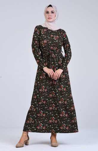 Patterned Belted Dress 5708O-01 Khaki 5708O-01