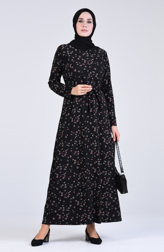 Patterned Belted Dress 5708p-01 Black 5708P-01