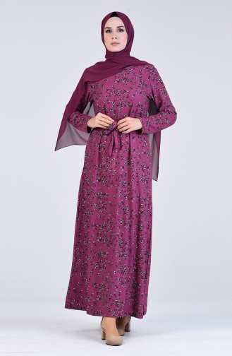 Pattern Belted Dress 5708p-03 Fuchsia 5708P-03