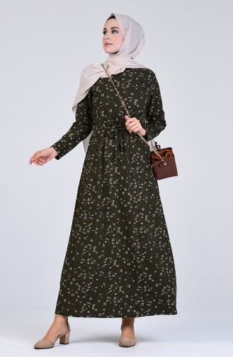 Patterned Dress with Belt 5708P-04 Khaki 5708P-04