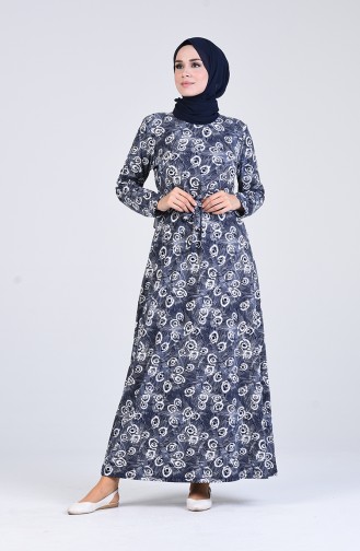 Pattern Belted Dress 5708r-02 Navy Blue 5708R-02