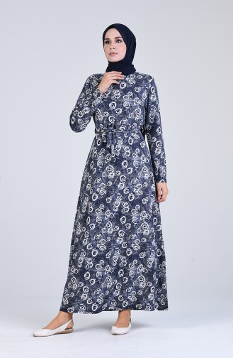 Pattern Belted Dress 5708r-02 Navy Blue 5708R-02