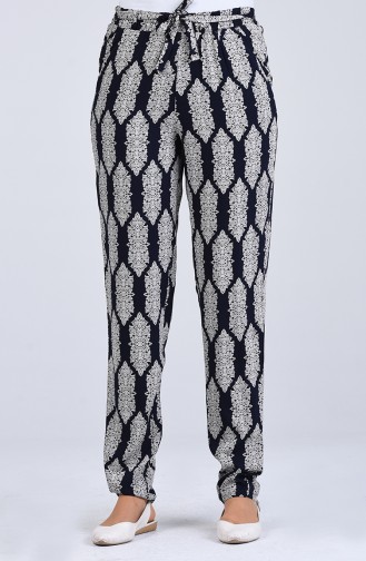 Patterned Viscose Trousers 1191-21 Navy Blue 1191-21