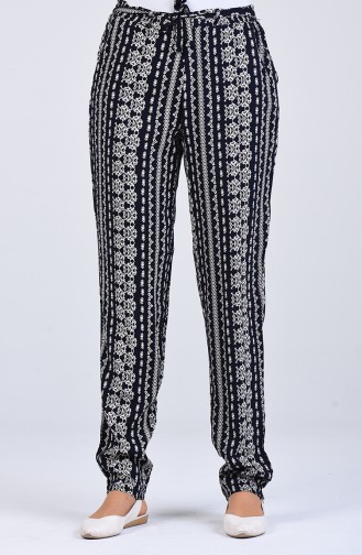 Patterned Viscose Trousers 1191-23 Navy Blue 1191-23