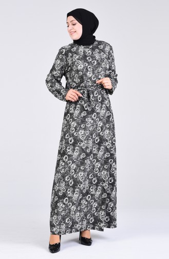 Patterned Belted Dress 5708r-01 Black 5708R-01