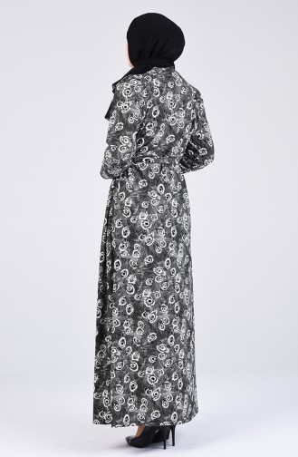 Desenli Kuşaklı Elbise 5708R-01 Siyah