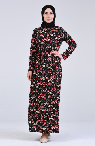 Pattern Belted Dress 5708s-03 Black Red 5708S-03