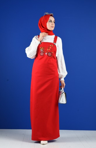 Nakışlı Salopet Elbise 5023-06 Kırmızı