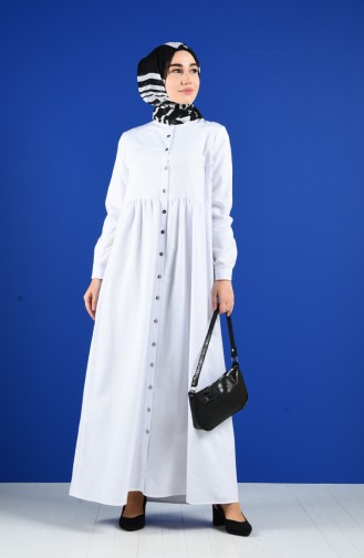 Doğal Kumaş Düğmeli Elbise 5037-17 Beyaz