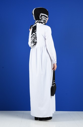 Doğal Kumaş Düğmeli Elbise 5037-17 Beyaz