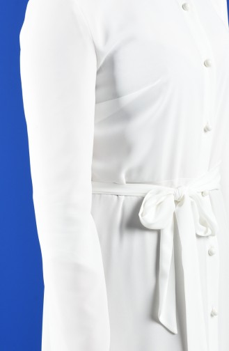 Düğmeli Kuşaklı Elbise 60131-03 Beyaz