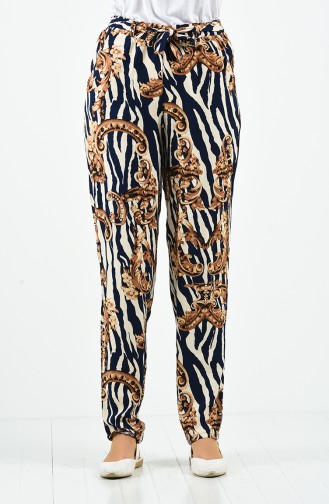 Patterned Viscose Trousers 1191-02 Navy Blue Beige 1191-02