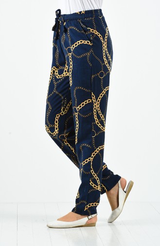 Patterned Viscose Trousers 1191-10 Navy Blue 1191-10