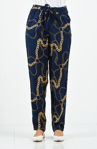 Patterned Viscose Trousers 1191-10 Navy Blue 1191-10