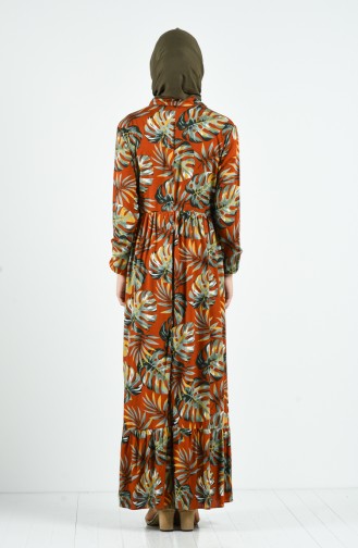 Palmiye Desenli Viskon Elbise 0084-01 Kiremit