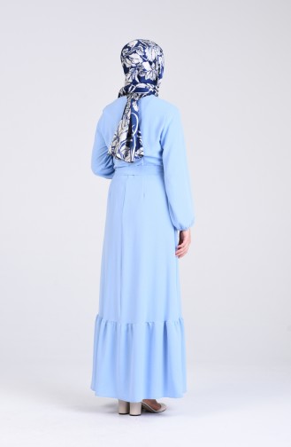 Düğmeli Kuşaklı Elbise 3086-04 Mavi