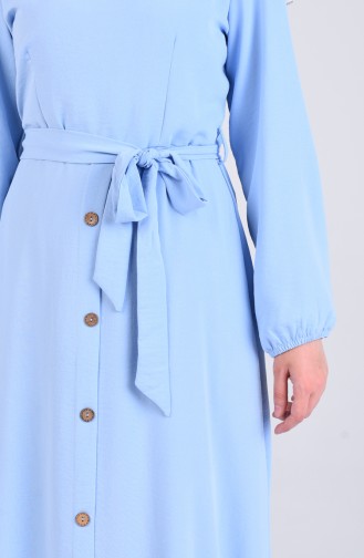 Düğmeli Kuşaklı Elbise 3086-04 Mavi