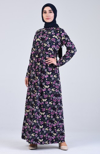 Patterned Belted Dress 5708s-04 Navy Blue Fuchsia 5708S-04