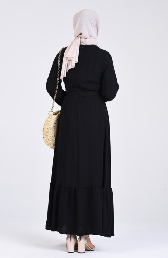 Düğmeli Kuşaklı Elbise 3086-03 Siyah