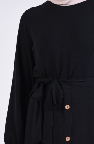 Düğmeli Kuşaklı Elbise 3086-03 Siyah